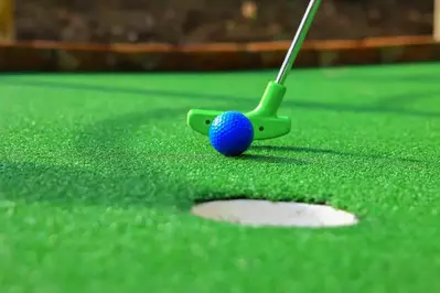 blue golf ball being putted into a hole