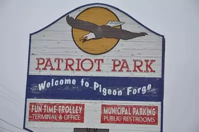The Patriot Park sign at the Pigeon Forge Trolley Station.