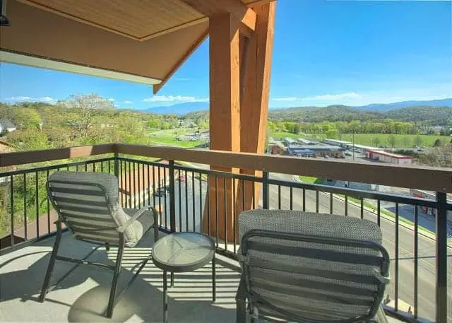 Chairs on the deck of a condo at the Cherokee Lodge in Pigeon Forge.