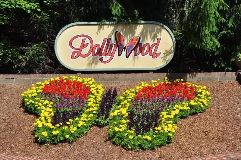 The butterfly flower arrangement at the entrance to the Dollywood theme park in Pigeon Forge.