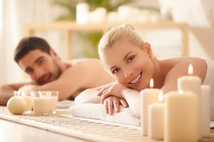 A happy couple ready for a massage during valentine's day in the smoky mountains.